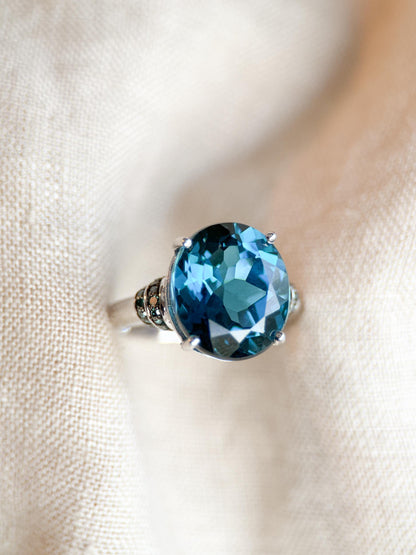 Vintage Blue Topaz Sterling Silver Ring, Oval Cocktail Statement Jewelry