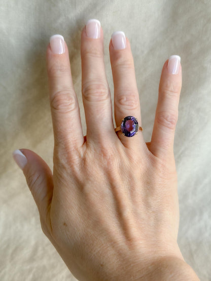Vintage Amethyst Ring, 14k Gold, Large Oval Cut Statement Ring, Bold Cocktail Jewelry