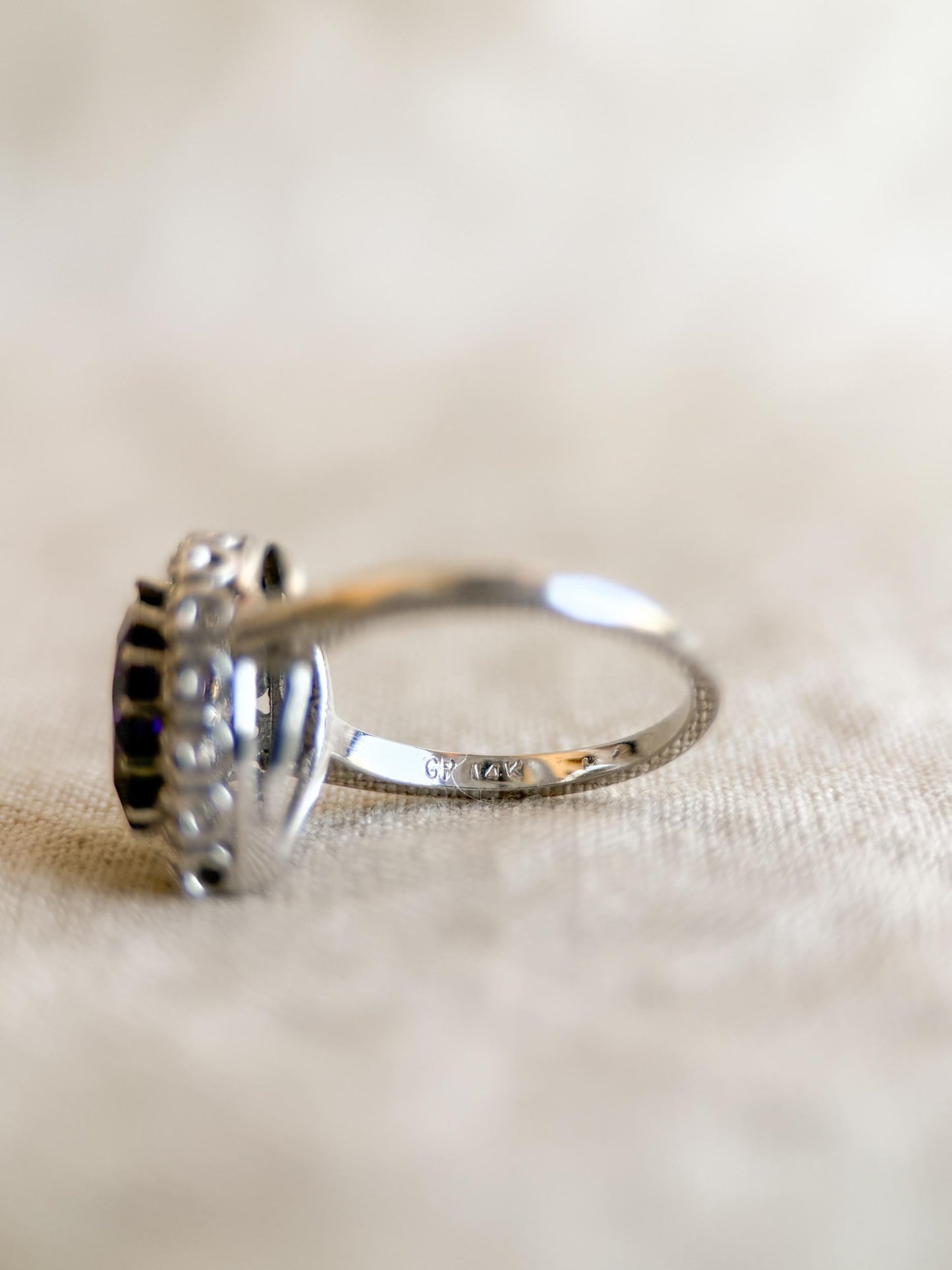 Vintage Amethyst and Diamond Engagement Ring, Pear Cut, 14k White Gold, Halo Bridal Ring