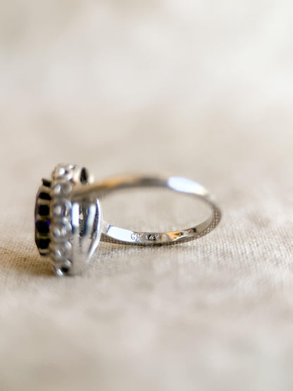 Vintage Amethyst and Diamond Engagement Ring, Pear Cut, 14k White Gold, Halo Bridal Ring