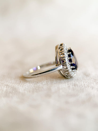 Vintage Amethyst and Diamond Engagement Ring, Pear Cut, 14k White Gold, Halo Bridal Ring