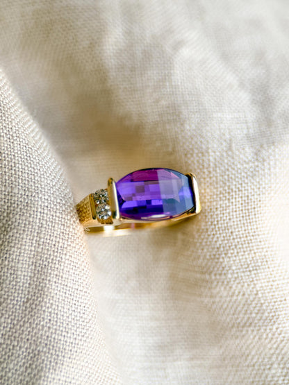 Vintage 1990s Purple Amethyst & Diamond Ring in 14k Gold