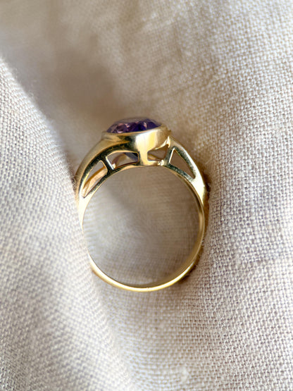 Vintage Amethyst and Diamond Ring, 14k Gold, Oval Bezel Statement Ring, Bold Gemstone Jewelry