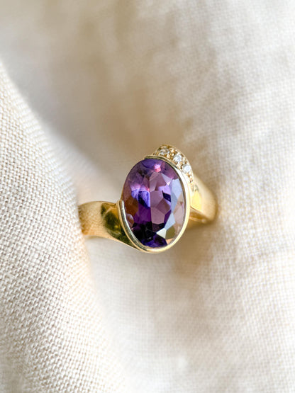 Vintage Amethyst and Diamond Ring, 14k Gold, Oval Bezel Statement Ring, Bold Gemstone Jewelry