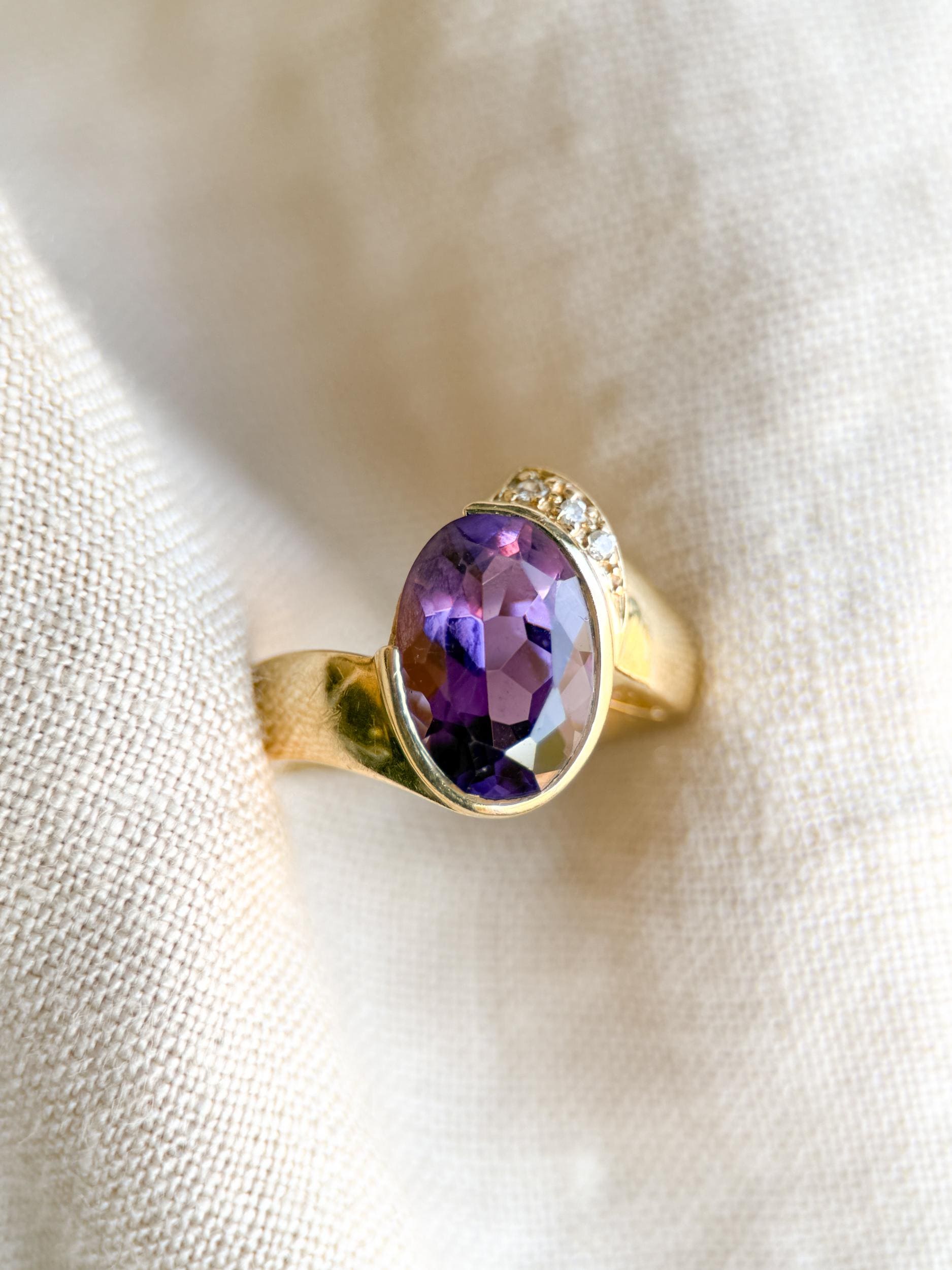Vintage Amethyst and Diamond Ring, 14k Gold, Oval Bezel Statement Ring, Bold Gemstone Jewelry