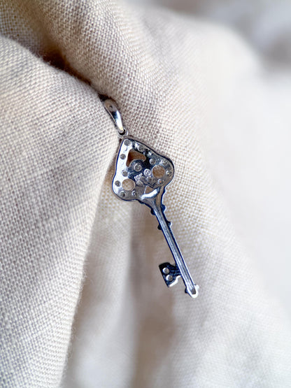 Diamond Skeleton Key Pendant in 10k White Gold, Retro Anniversary Gift, Vintage Jewelry Necklace