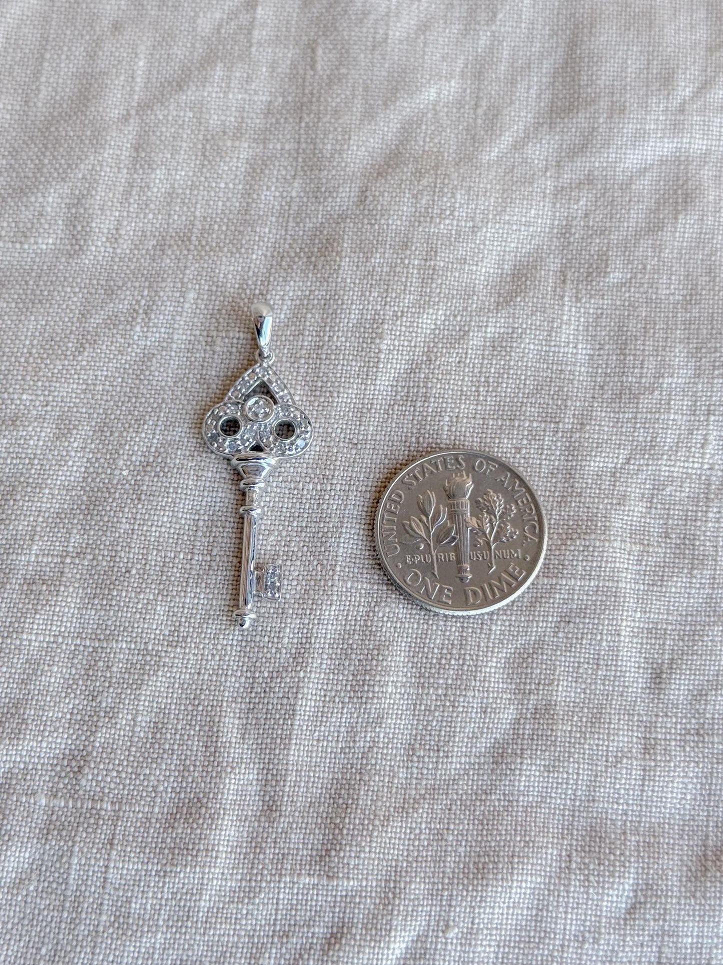 Diamond Skeleton Key Pendant in 10k White Gold, Retro Anniversary Gift, Vintage Jewelry Necklace