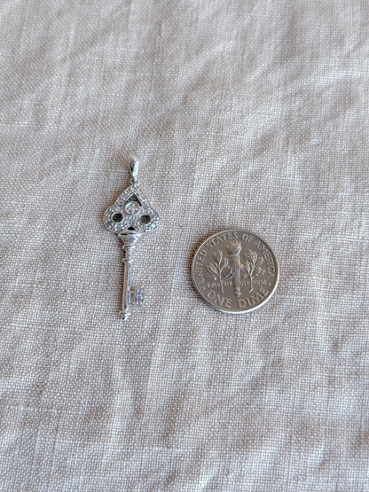 Diamond Skeleton Key Pendant in 10k White Gold, Retro Anniversary Gift, Vintage Jewelry Necklace