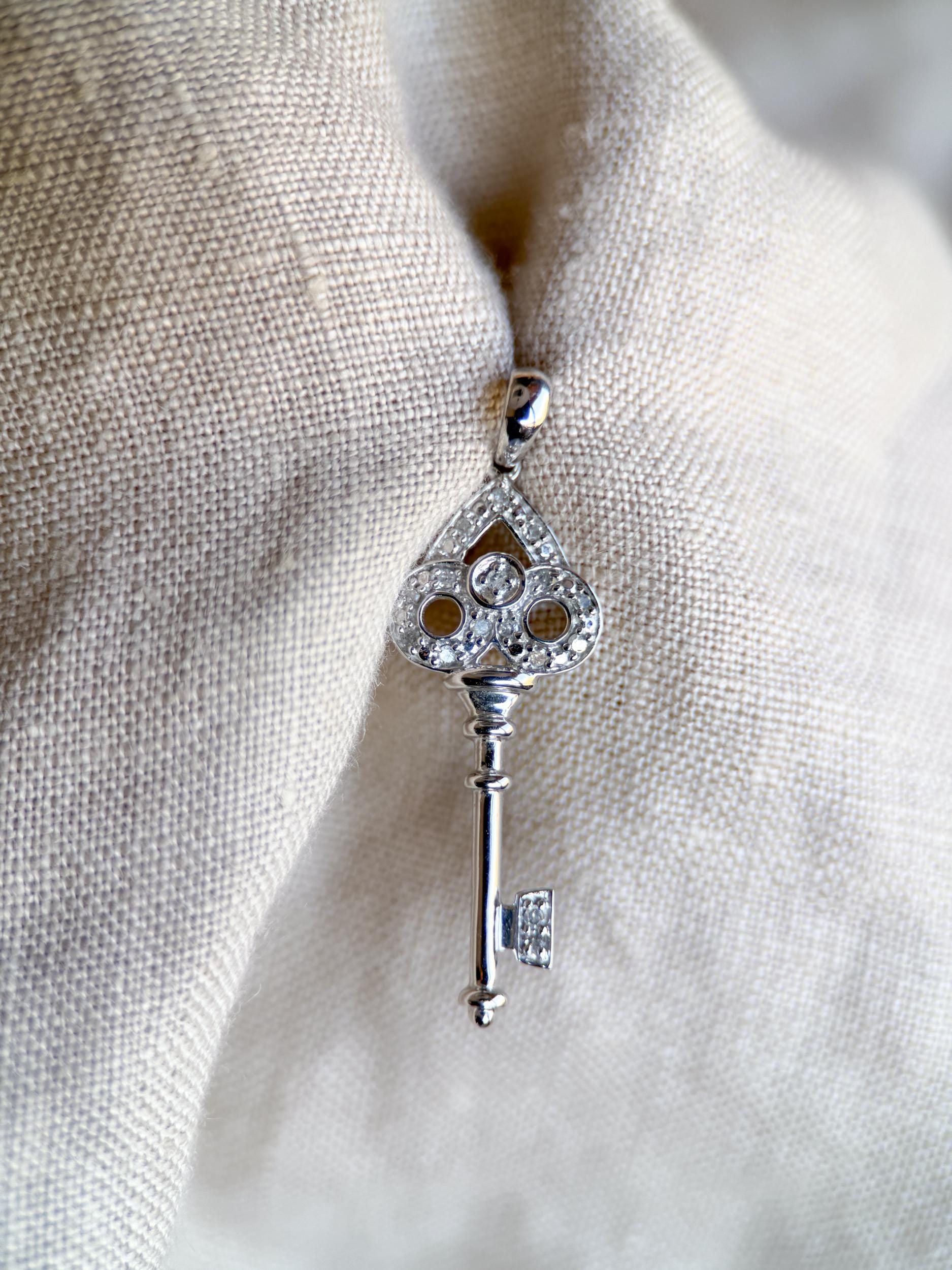 Diamond Skeleton Key Pendant in 10k White Gold, Retro Anniversary Gift, Vintage Jewelry Necklace