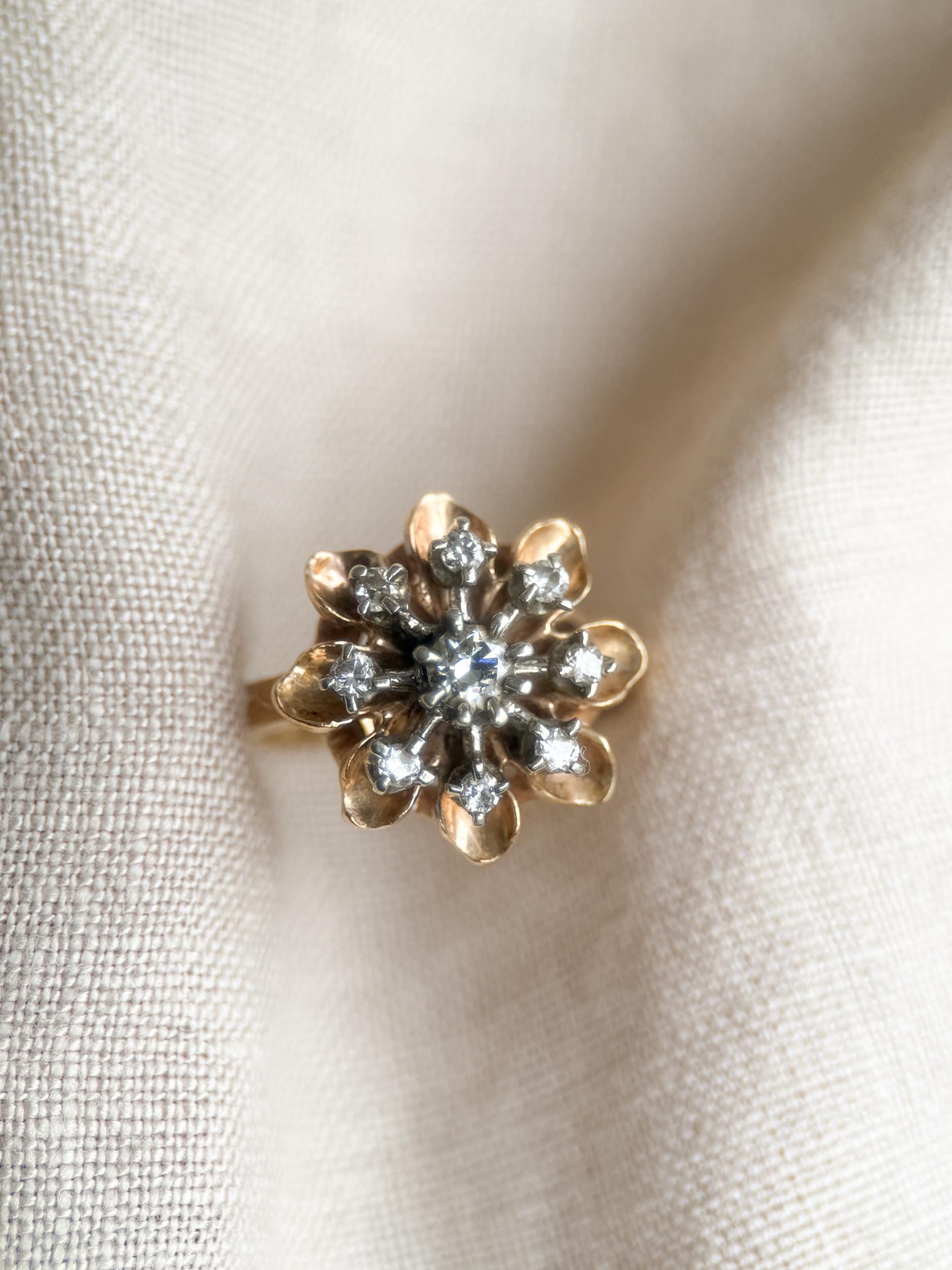 Vintage 1940s Flower Diamond Engagement Ring, 14k Gold Cluster Style Floral Bridal Jewelry • One-of-a-kind