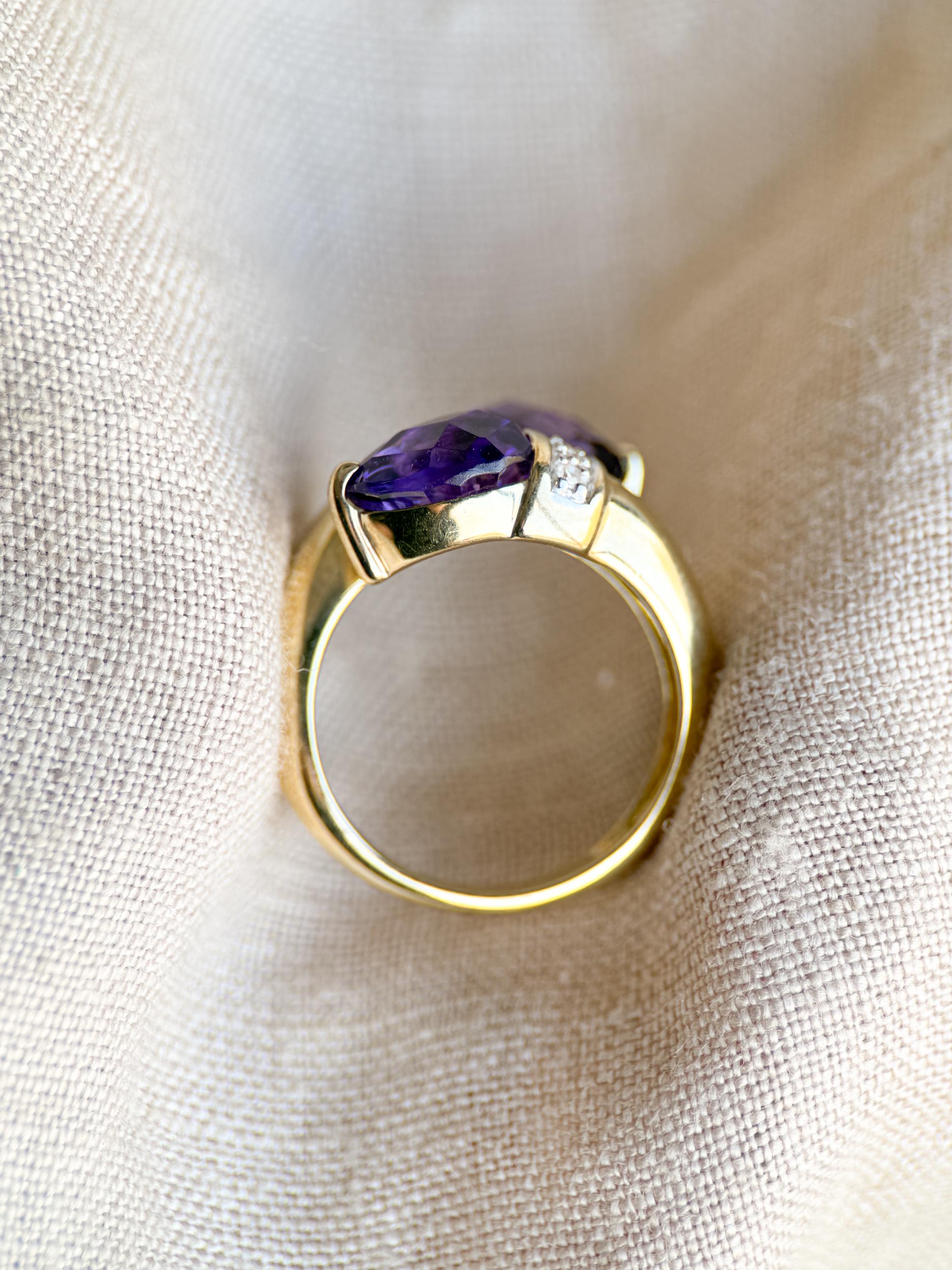 Vintage Amethyst Diamond Toi et Moi Ring, 14k Gold, Pear Twin Stone Statement Ring