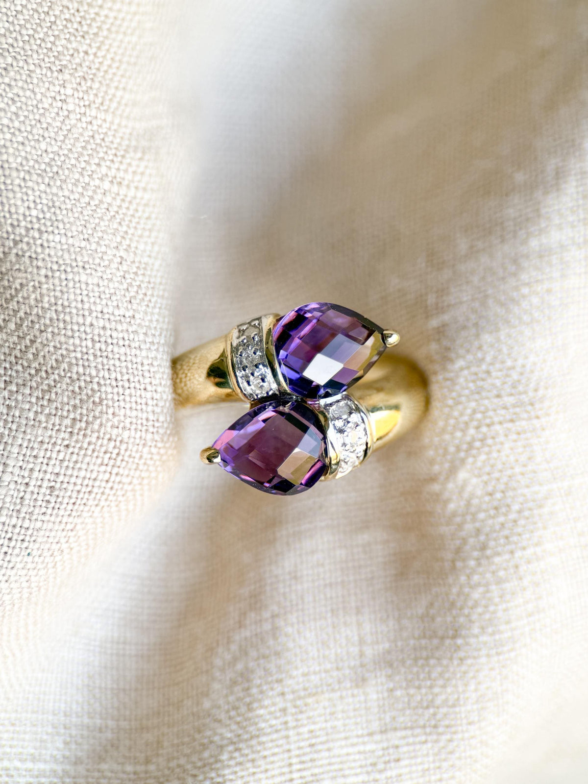 Vintage Amethyst Diamond Toi et Moi Ring, 14k Gold, Pear Twin Stone Statement Ring