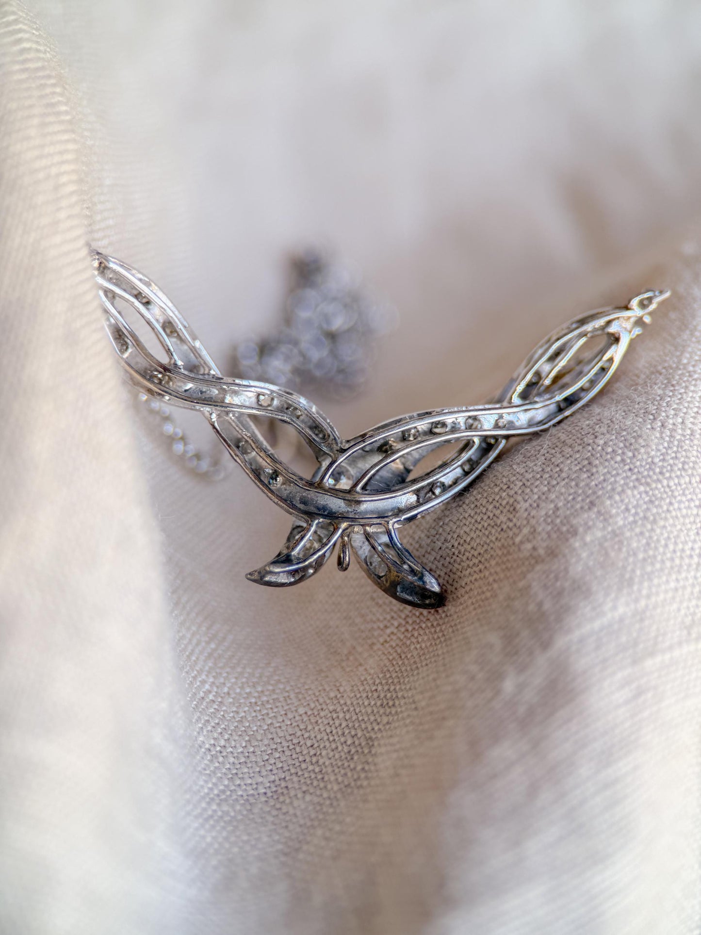 Antique 1920s Diamond Ribbon Pendant Necklace, 14k White Gold