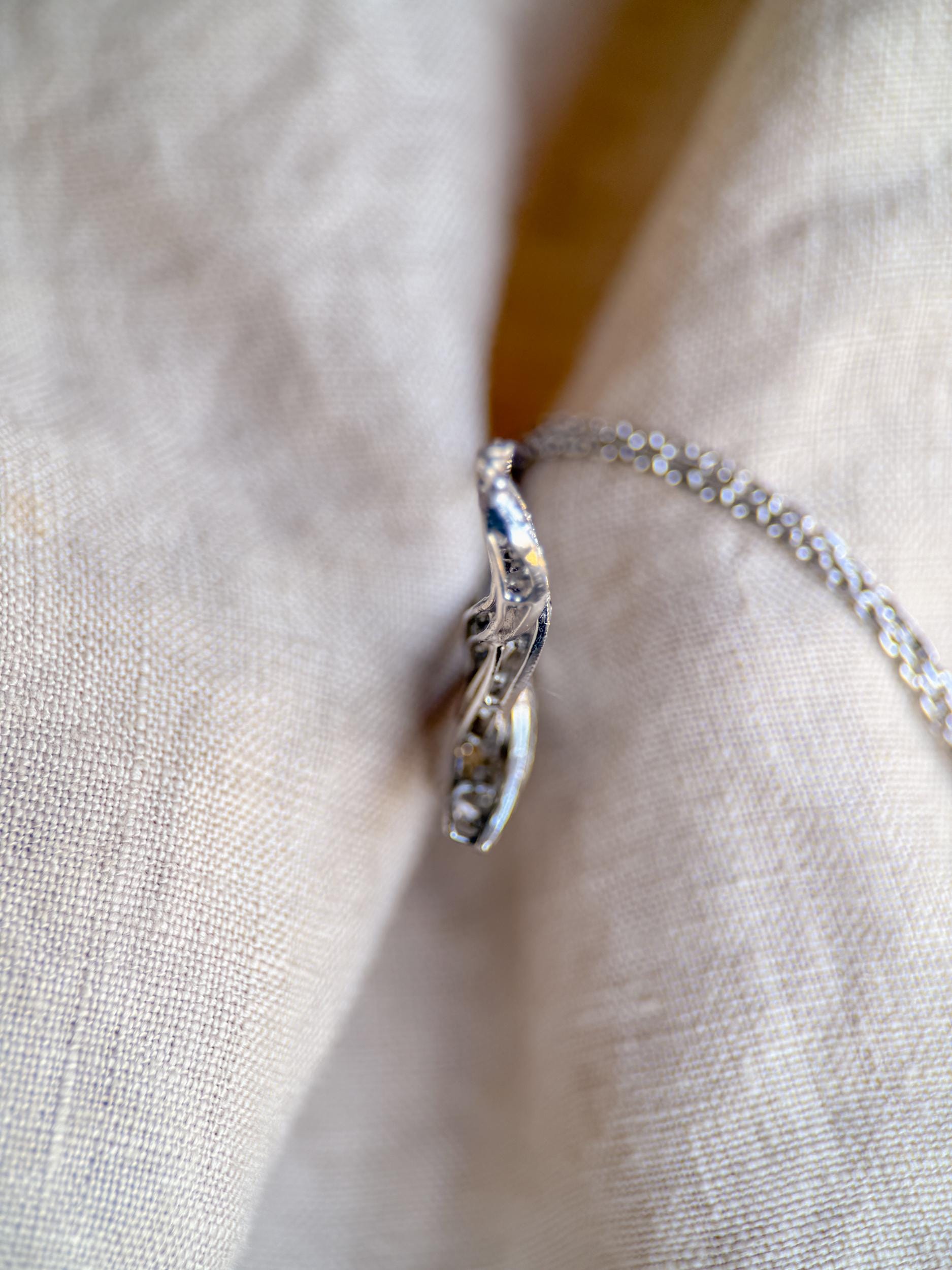 Antique 1920s Diamond Ribbon Pendant Necklace, 14k White Gold