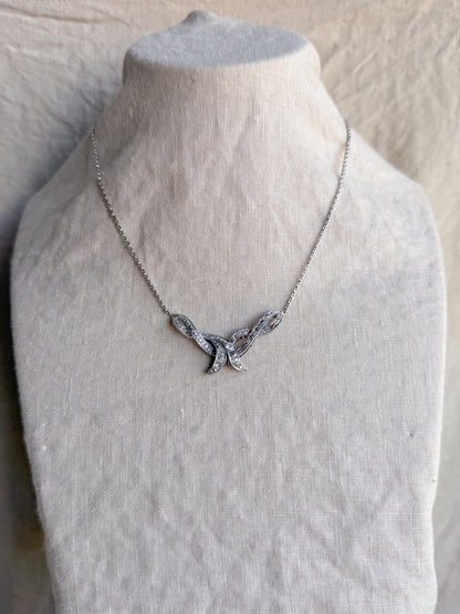 Antique 1920s Diamond Ribbon Pendant Necklace, 14k White Gold