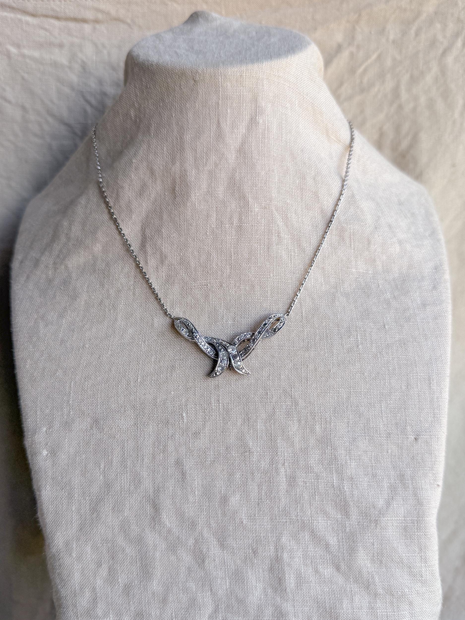 Antique 1920s Diamond Ribbon Pendant Necklace, 14k White Gold