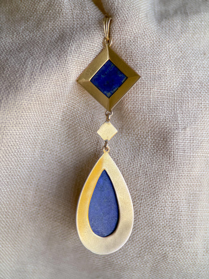Vintage Lapis Lazuli Pendant, 14k Gold, Pear and Square Drop Pendant, 1970s Blue Pendant