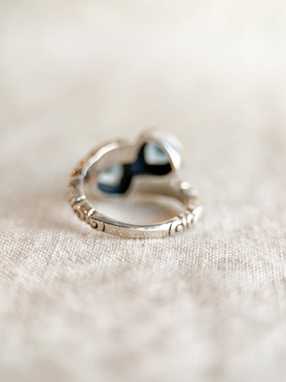 Vintage Sterling Silver Blue Topaz Double Triangle Ring, Boho Filigree Jewelry