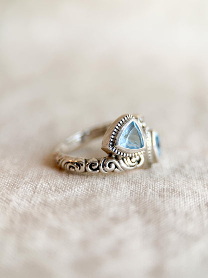 Vintage Sterling Silver Blue Topaz Double Triangle Ring, Boho Filigree Jewelry