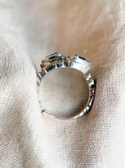 Vintage Sterling Silver Blue Topaz Double Triangle Ring, Boho Filigree Jewelry