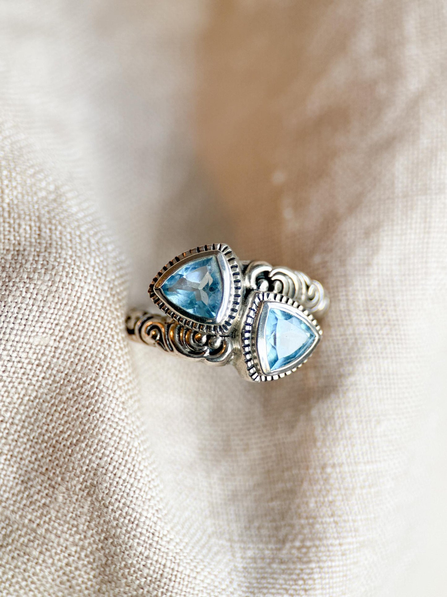 Vintage Sterling Silver Blue Topaz Double Triangle Ring, Boho Filigree Jewelry