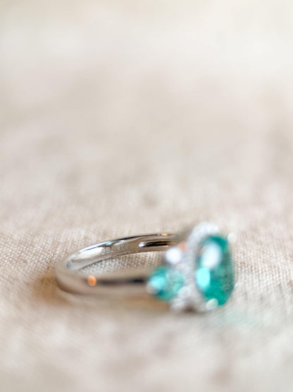 Vintage Sterling Silver Three Stone Halo Ring, Cubic Zirconia Statement Jewelry