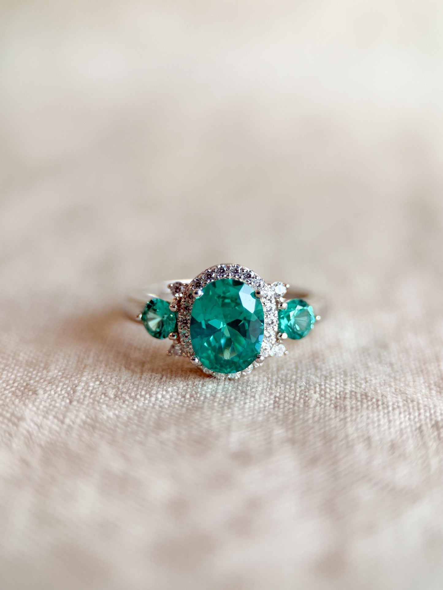 Vintage Sterling Silver Three Stone Halo Ring, Cubic Zirconia Statement Jewelry