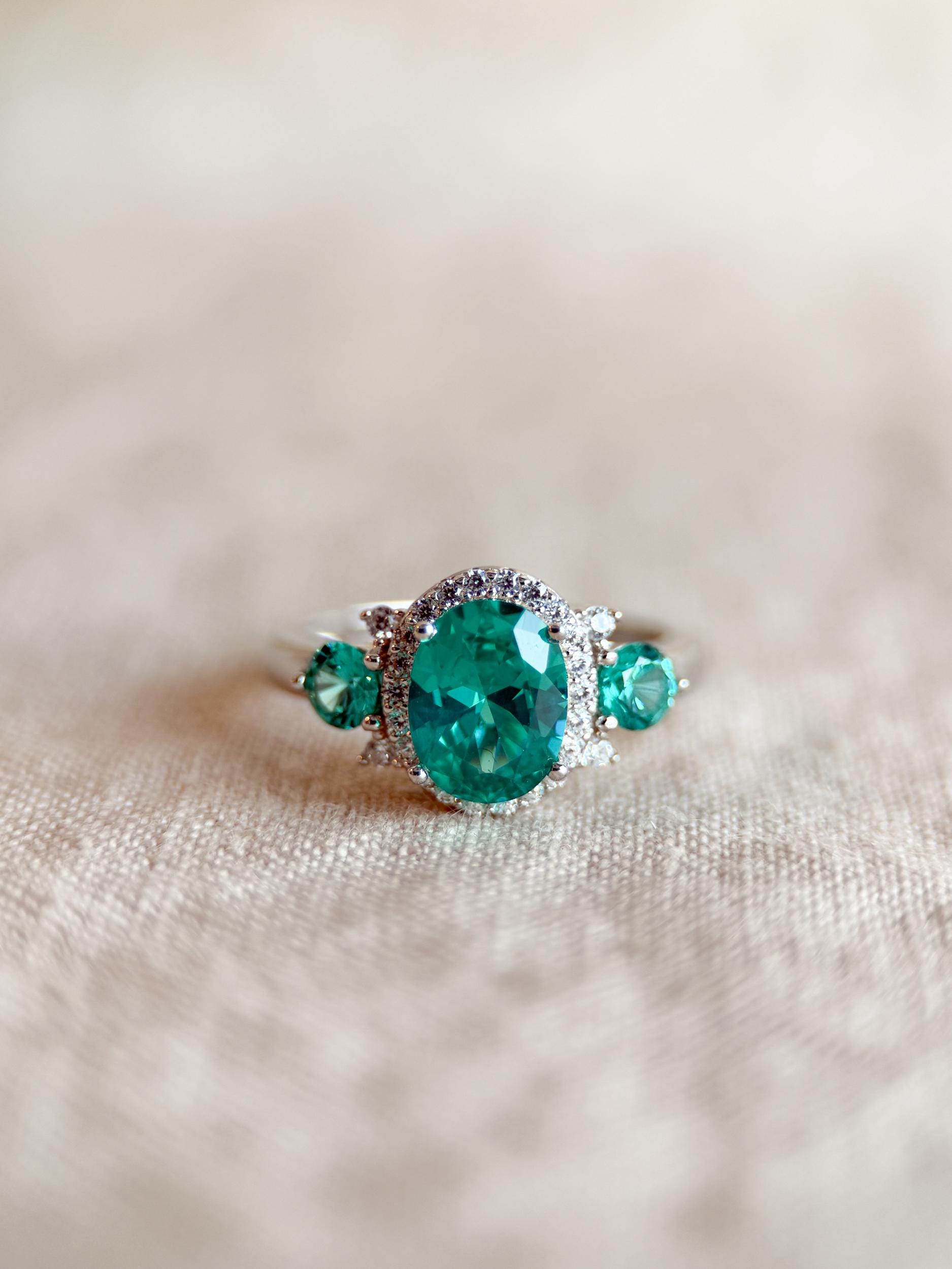 Vintage Sterling Silver Three Stone Halo Ring, Cubic Zirconia Statement Jewelry