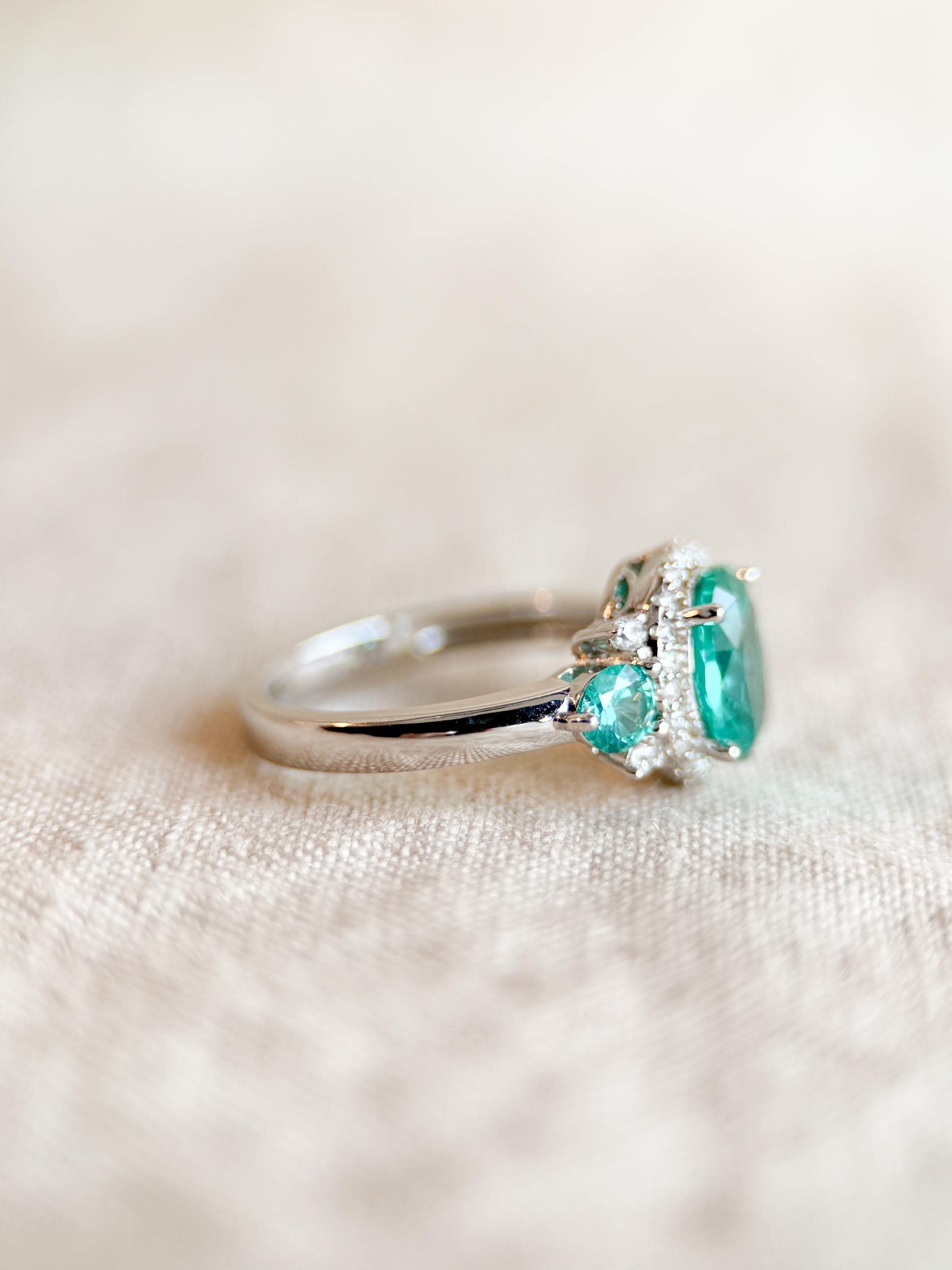 Vintage Sterling Silver Gemstone Three Stone Halo Ring, Faceted Gemstone Statement Ring, Classic Elegant Jewelry