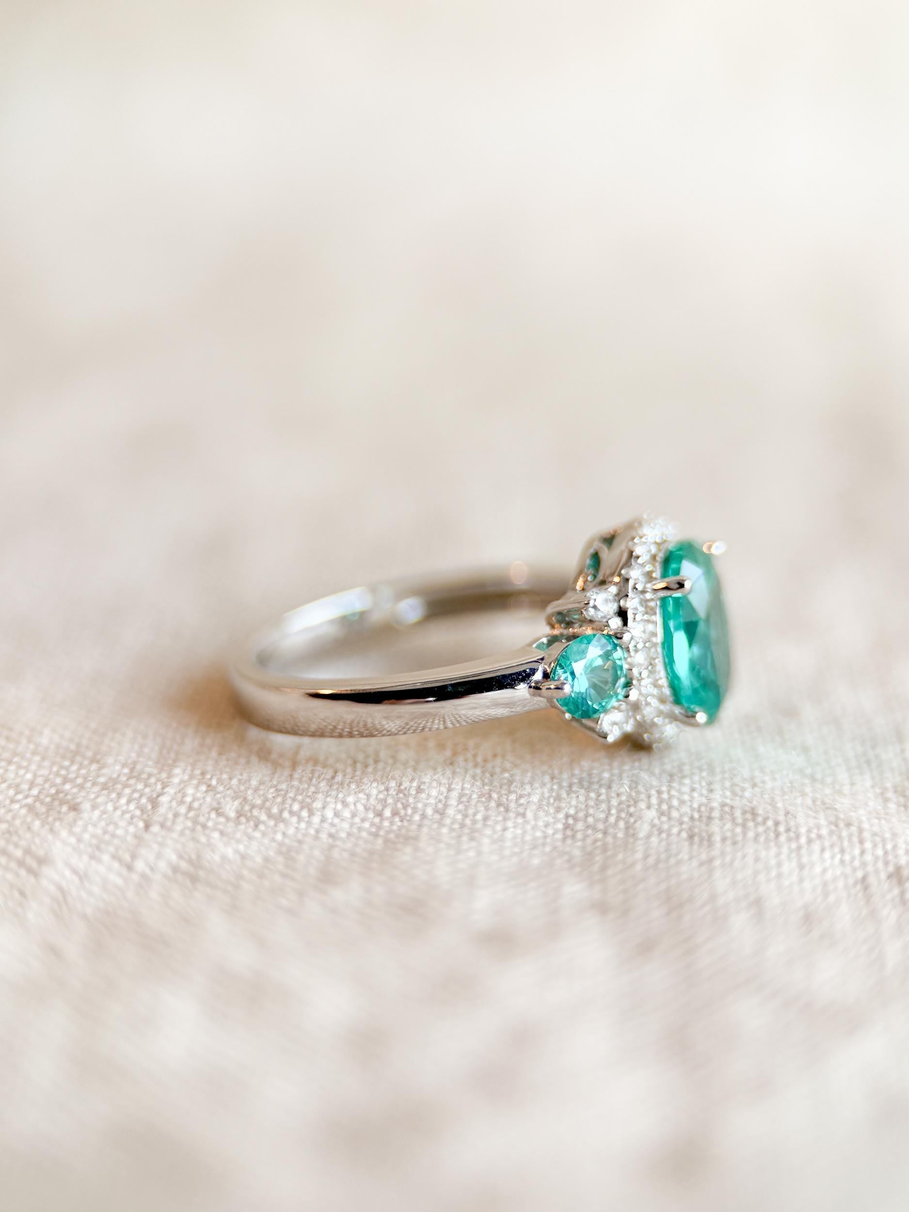 Vintage Sterling Silver Three Stone Halo Ring, Cubic Zirconia Statement Jewelry
