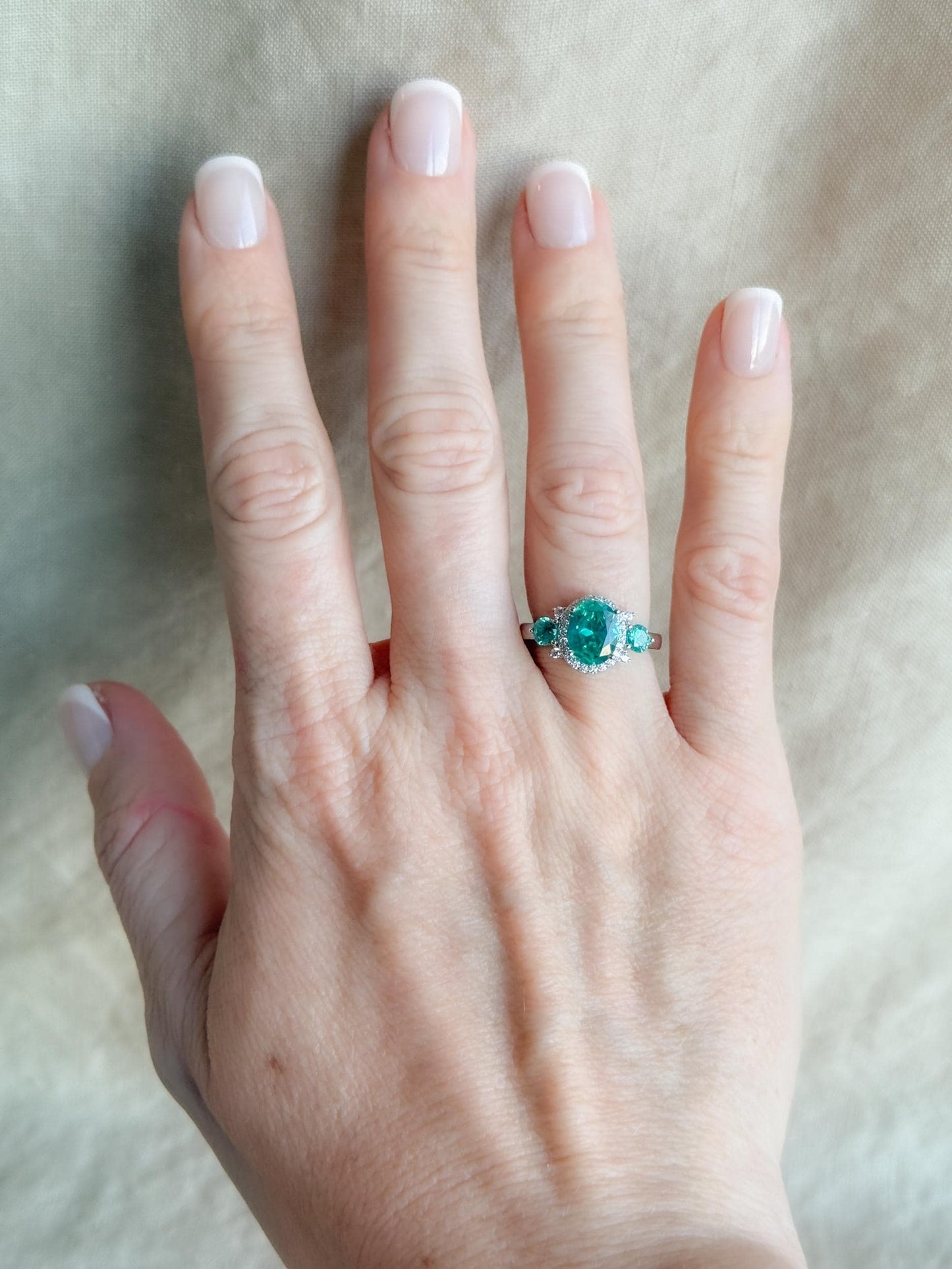 Vintage Sterling Silver Gemstone Three Stone Halo Ring, Faceted Gemstone Statement Ring, Classic Elegant Jewelry