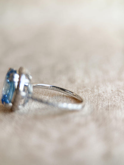 Vintage Cubic Zirconia Engagement Ring, Oval Cut, Sterling Silver, 2000s Blue Halo Promise Ring