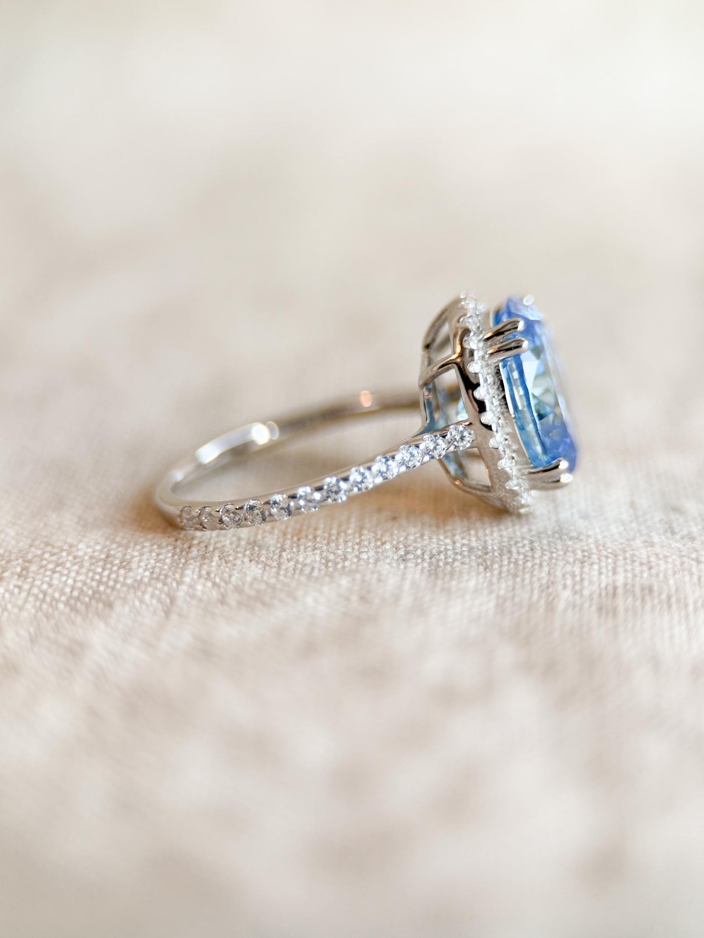 Vintage Cubic Zirconia Engagement Ring, Oval Cut, Sterling Silver, 2000s Blue Halo Promise Ring