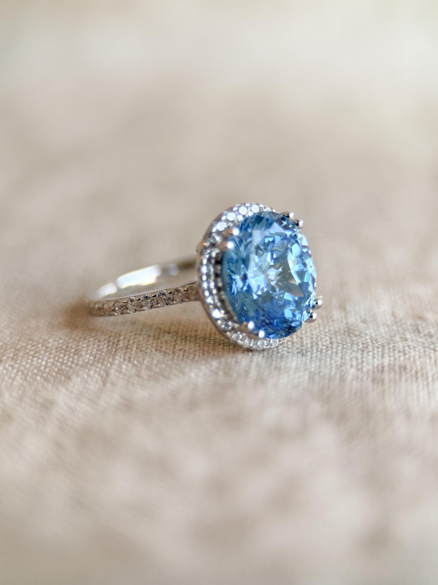Vintage Cubic Zirconia Engagement Ring, Oval Cut, Sterling Silver, 2000s Blue Halo Promise Ring