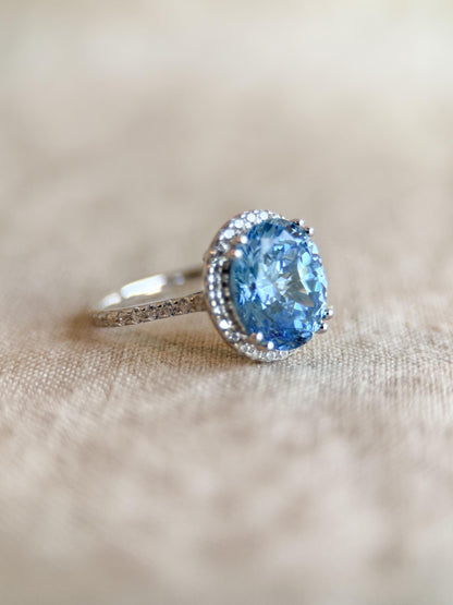 Vintage Cubic Zirconia Engagement Ring, Oval Cut, Sterling Silver, 2000s Blue Halo Promise Ring