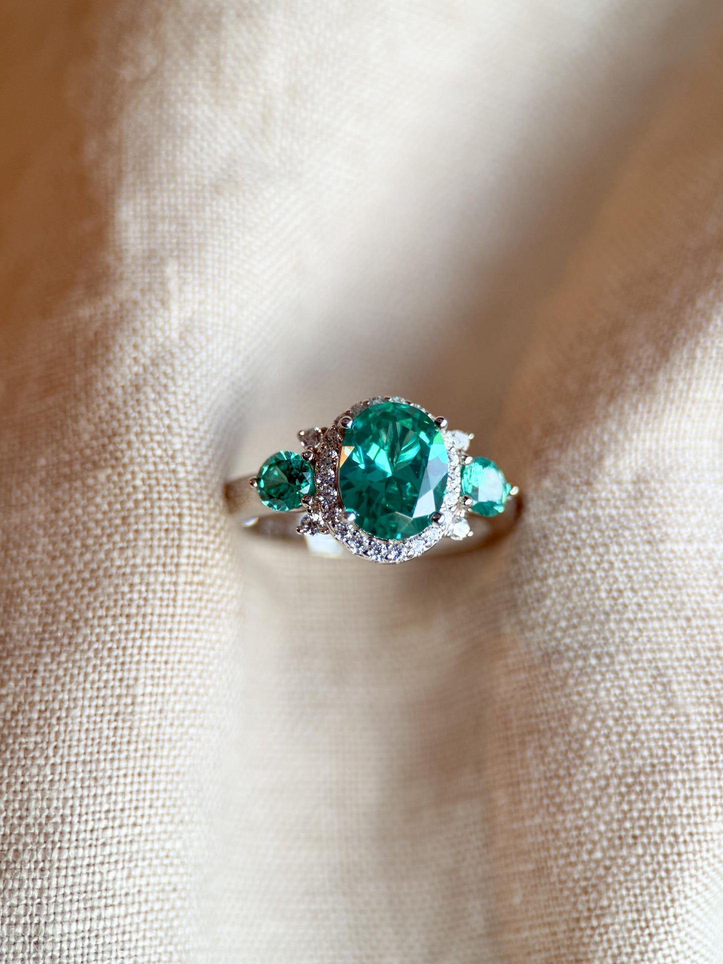 Vintage Sterling Silver Gemstone Three Stone Halo Ring, Faceted Gemstone Statement Ring, Classic Elegant Jewelry