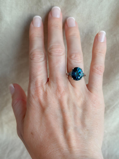 Vintage Blue Topaz Sterling Silver Ring, Oval Cocktail Statement Jewelry