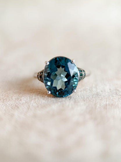 Vintage Blue Topaz Sterling Silver Ring, Oval Cocktail Statement Jewelry