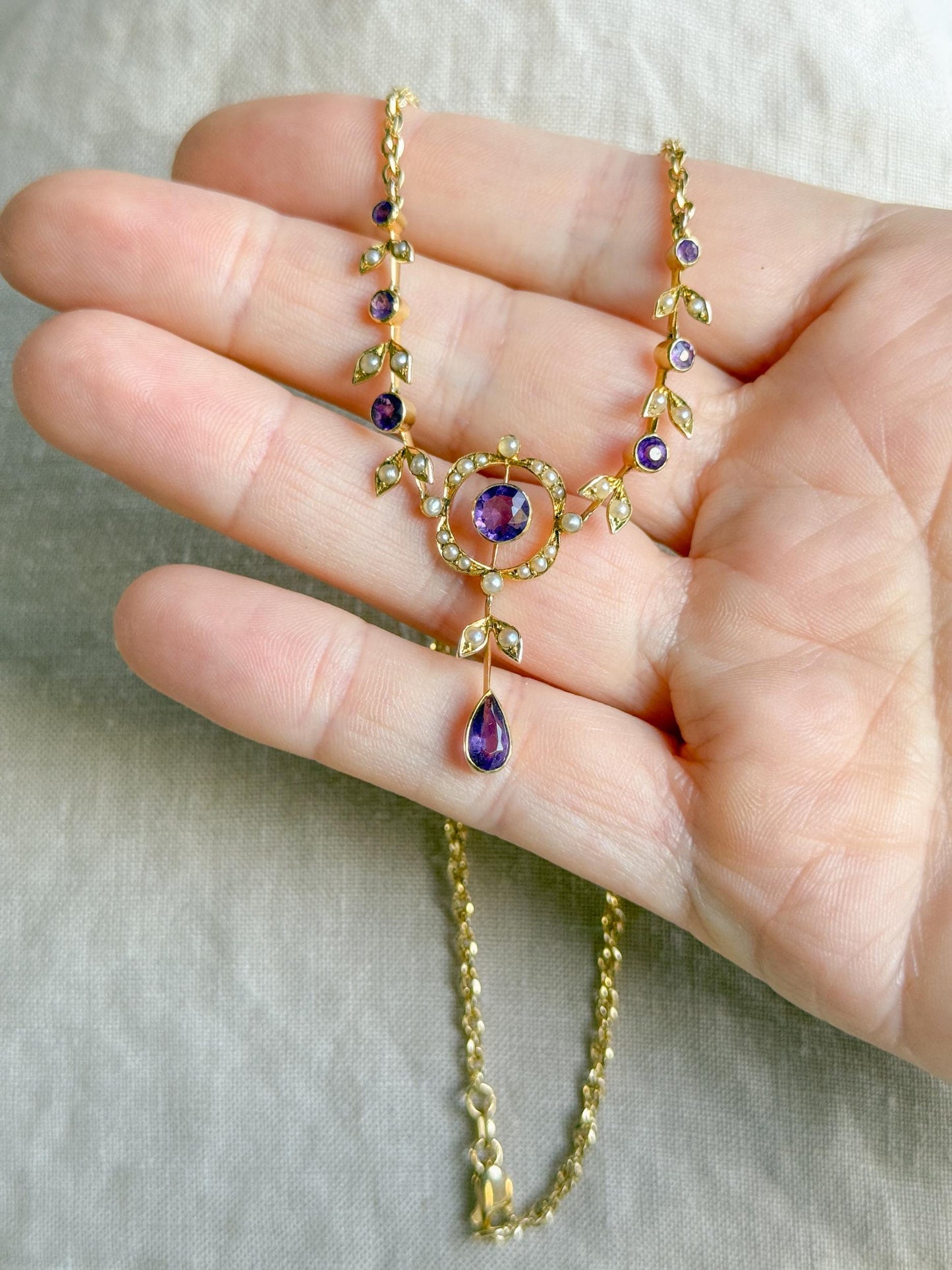 Vintage 1970s Floral Amethyst & Pearl Pendant Necklace, 14k Gold