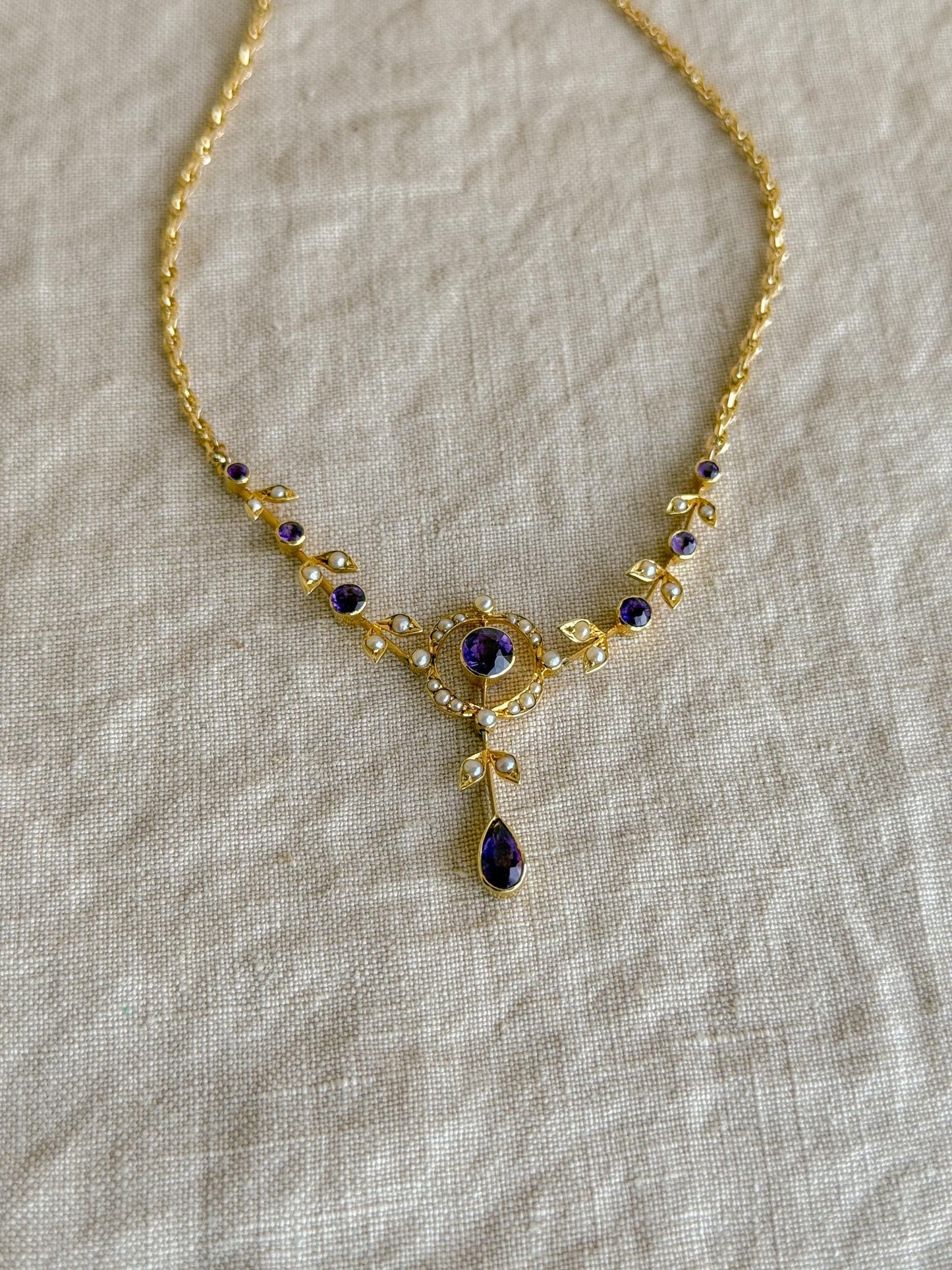 Vintage 1970s Floral Amethyst & Pearl Pendant Necklace, 14k Gold