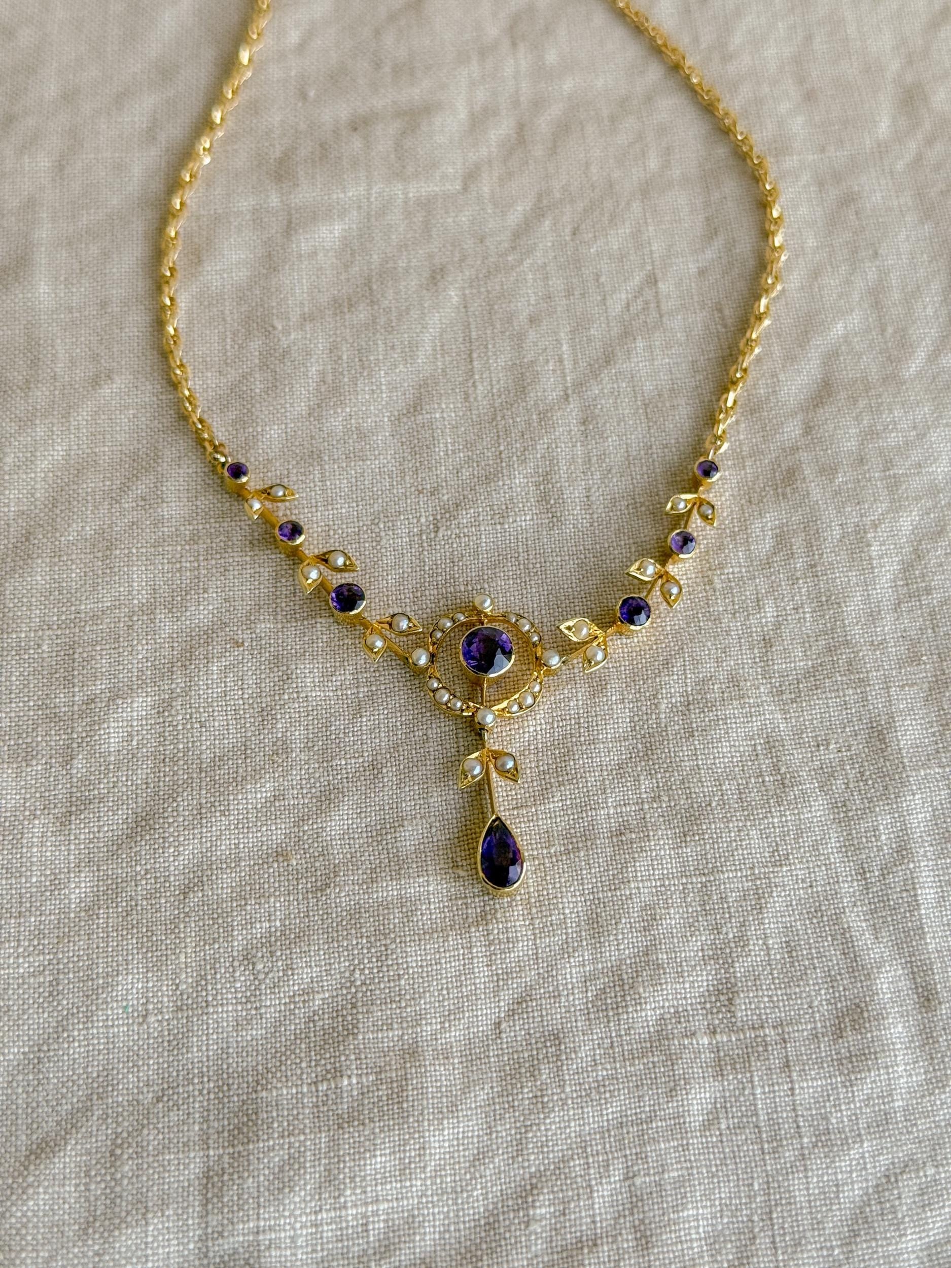 Vintage 1970s Floral Amethyst & Pearl Pendant Necklace, 14k Gold