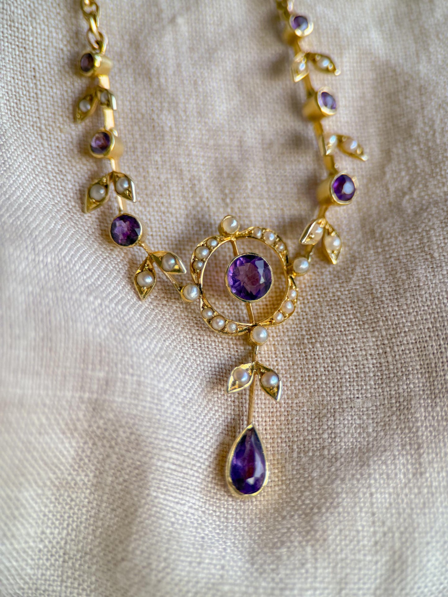 Vintage 1970s Floral Amethyst & Pearl Pendant Necklace, 14k Gold