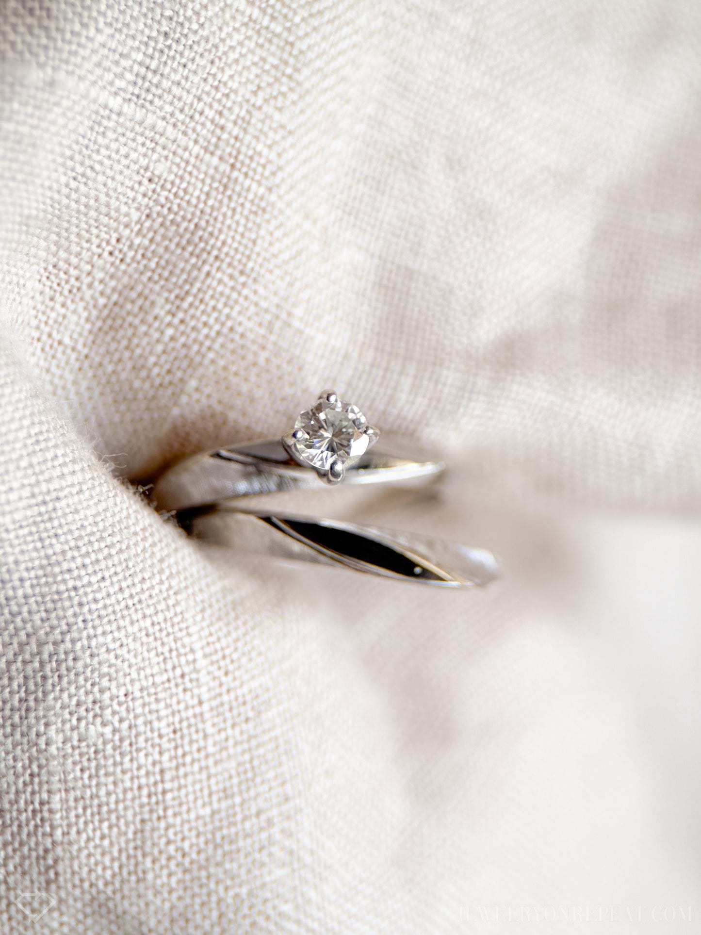Vintage Diamond Engagement & Wedding Ring, Round Cut, 14k White Gold, 1950s Mid-Century Bridal Set