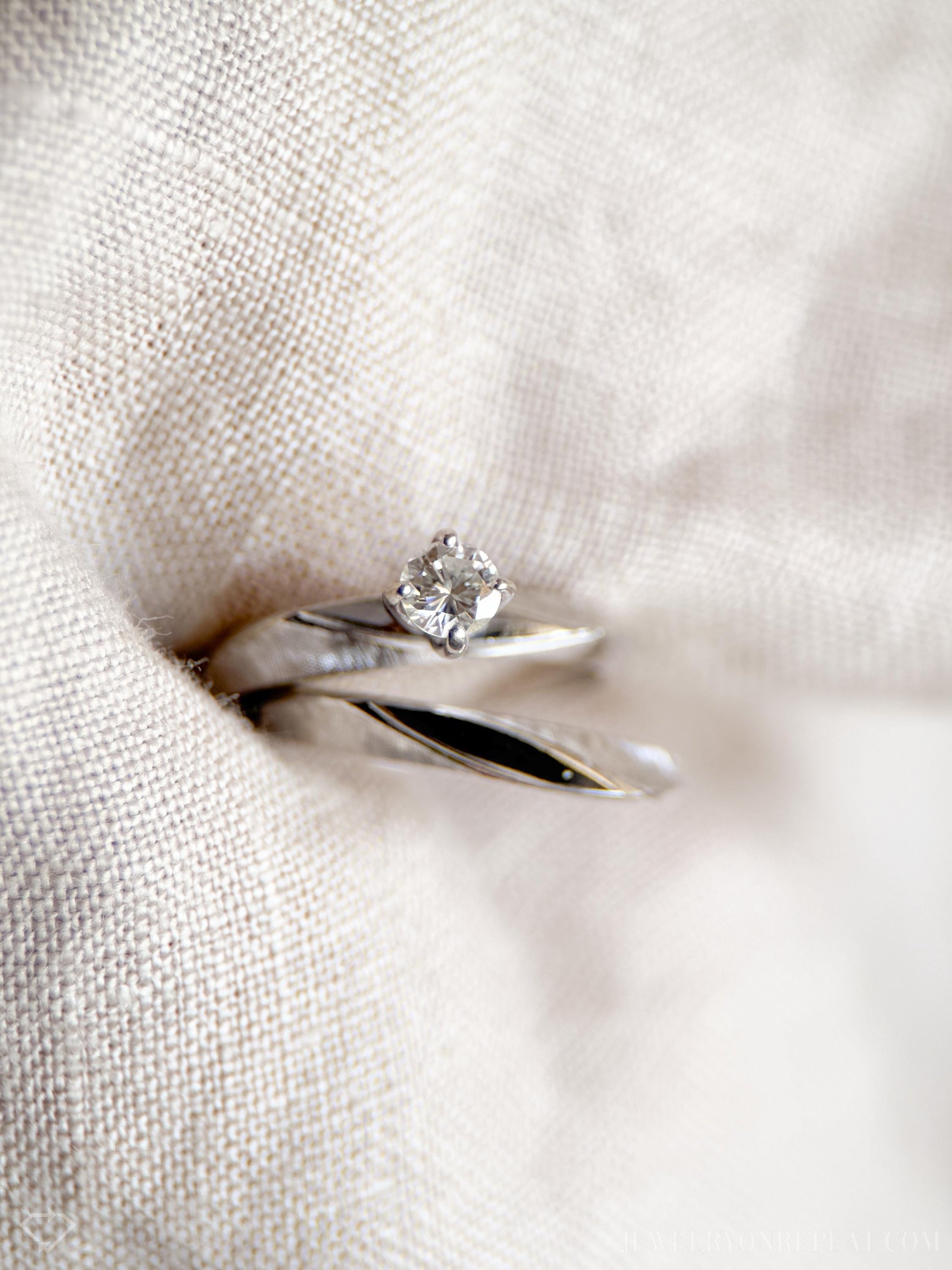 Vintage Diamond Engagement & Wedding Ring, Round Cut, 14k White Gold, 1950s Mid-Century Bridal Set