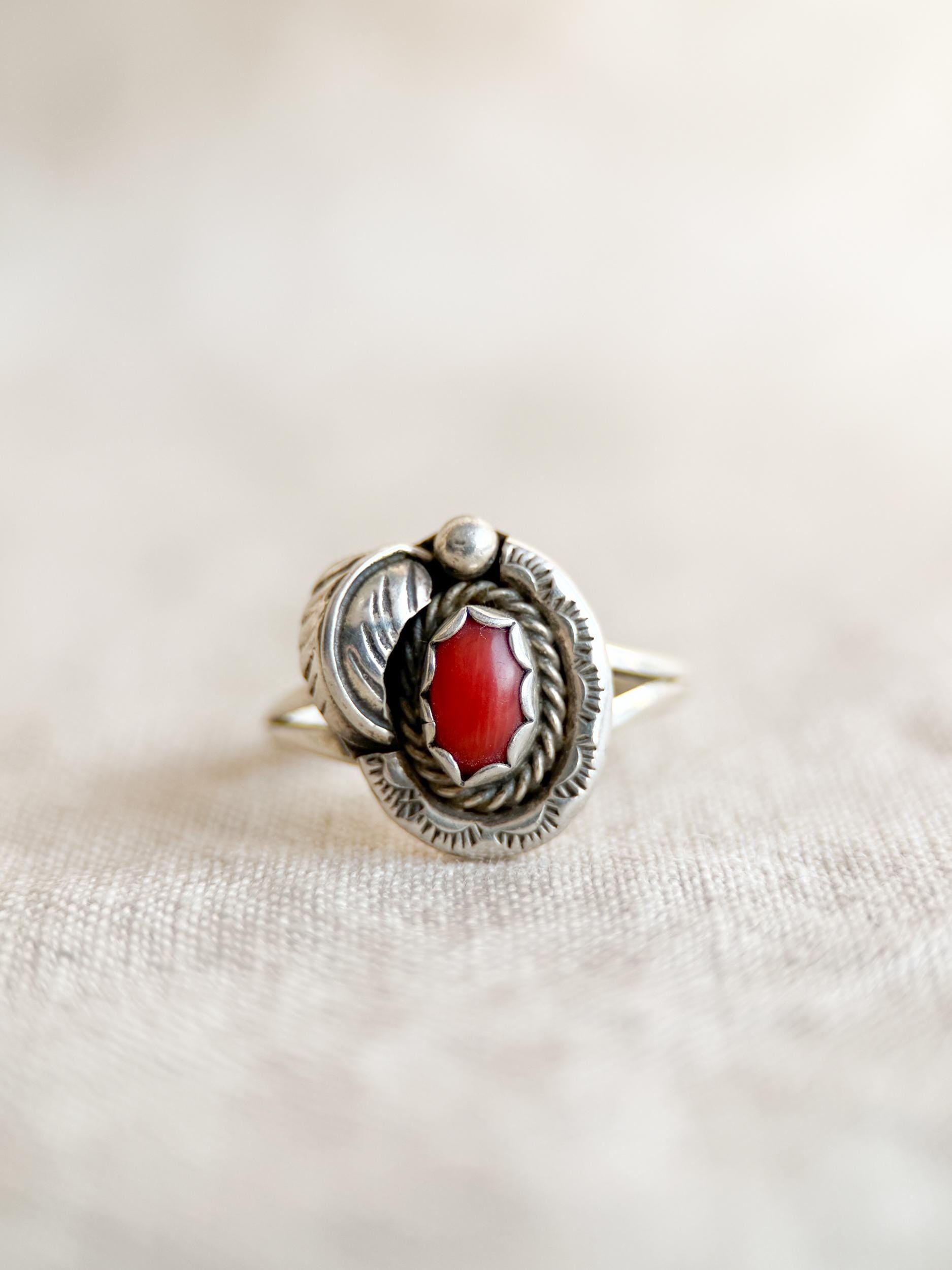 Vintage Sterling Silver Coral Leaf Ring, Boho Statement Jewelry