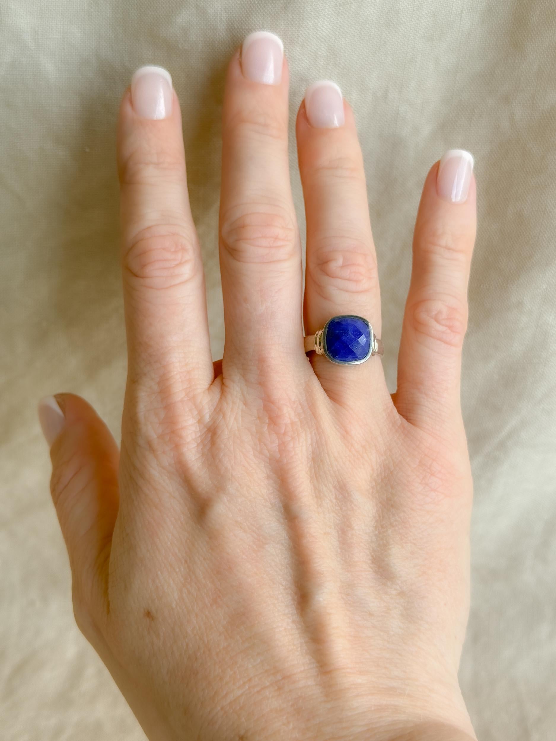 Vintage Lapis Lazuli Sterling Silver Ring, Cushion Checkerboard Statement Boho Jewelry