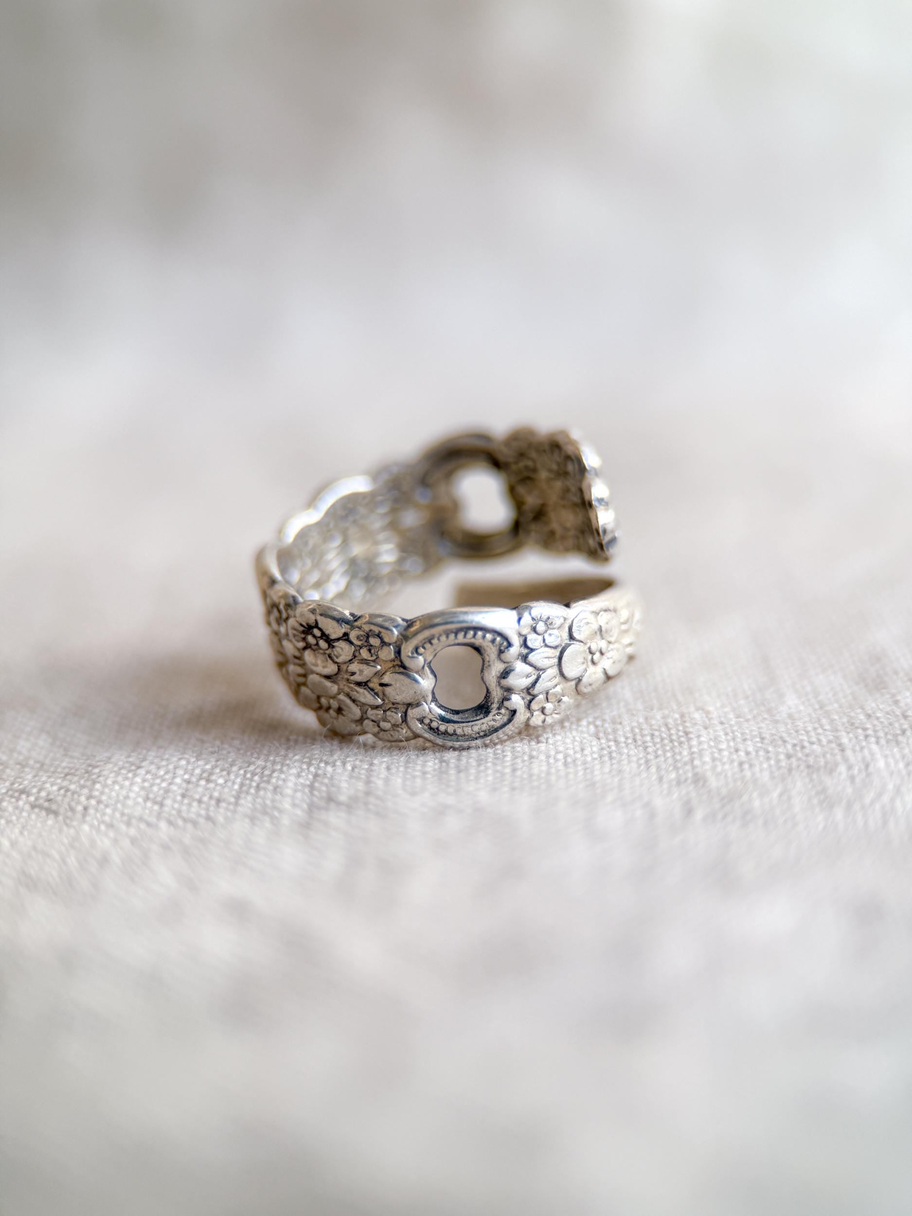 Vintage Sterling Silver Spoon Ring, Heart Floral Statement Jewelry, Size 6