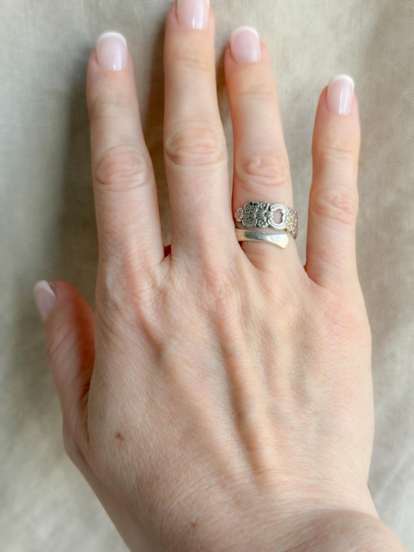 Vintage Sterling Silver Spoon Ring, Heart Floral Statement Jewelry, Size 6