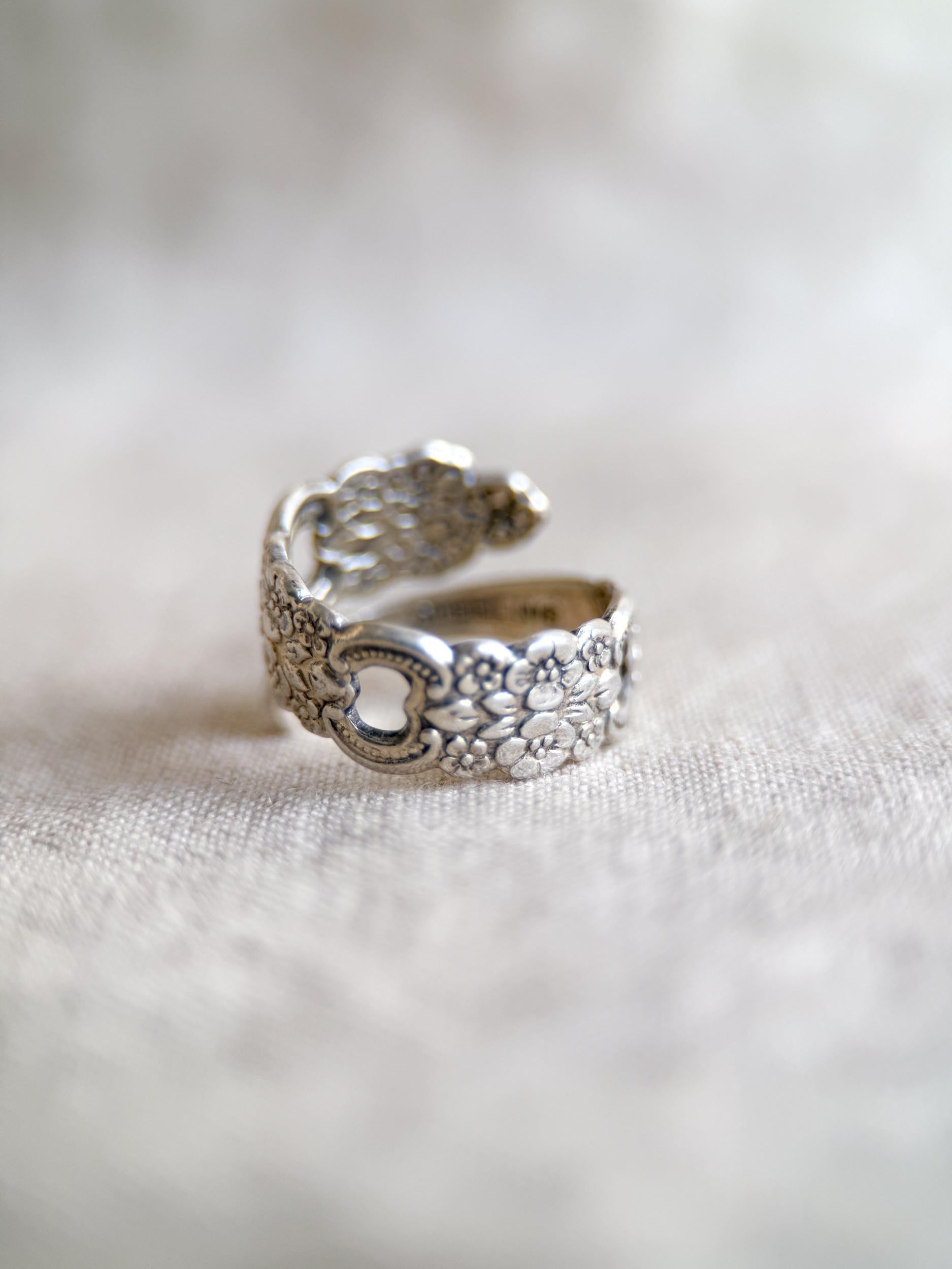 Vintage Sterling Silver Spoon Ring, Heart Floral Statement Jewelry, Size 6