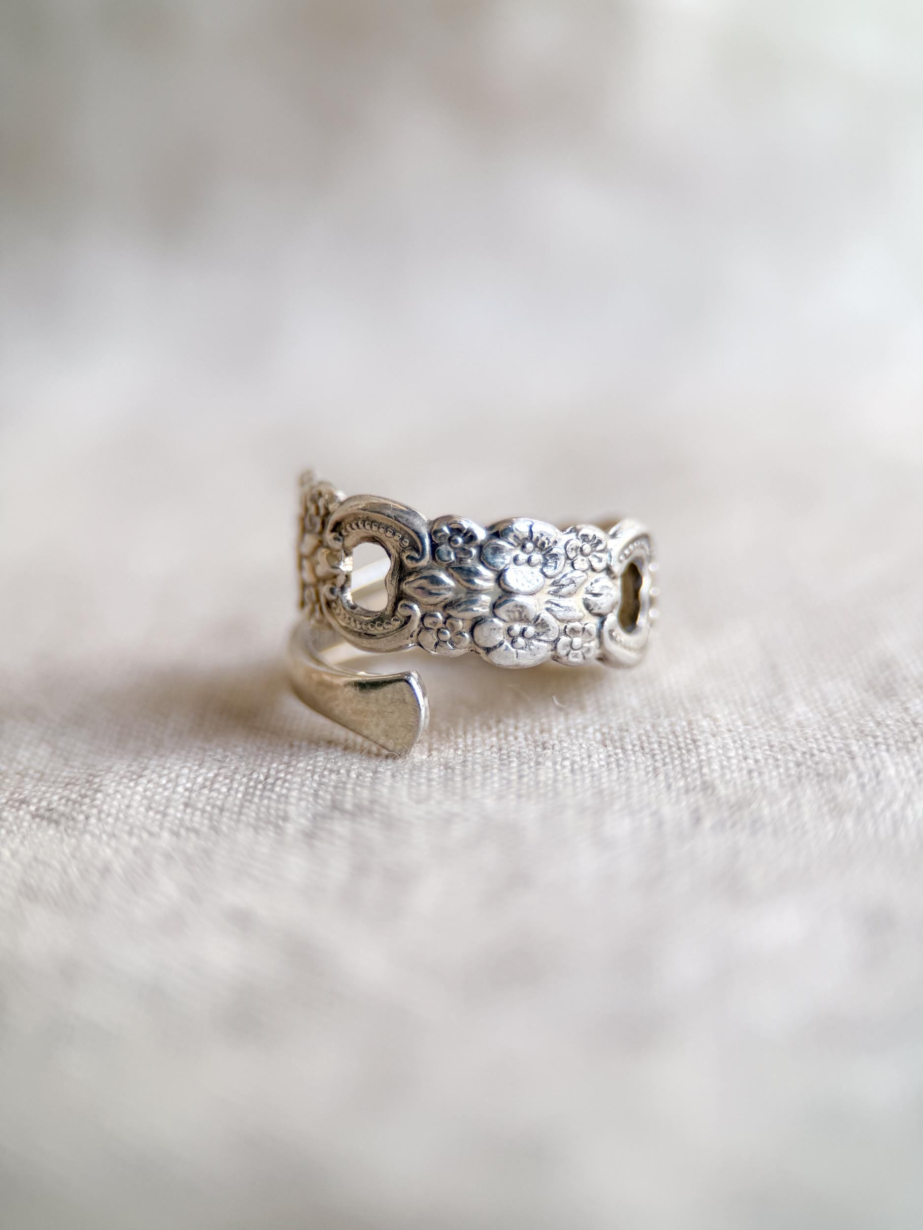 Vintage Sterling Silver Spoon Ring, Heart Floral Statement Jewelry, Size 6